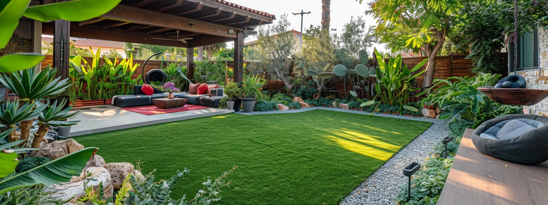 a lush, green artificial turf patio surrounded by vibrant plants, showcasing an eco-friendly and water-saving landscaping solution.