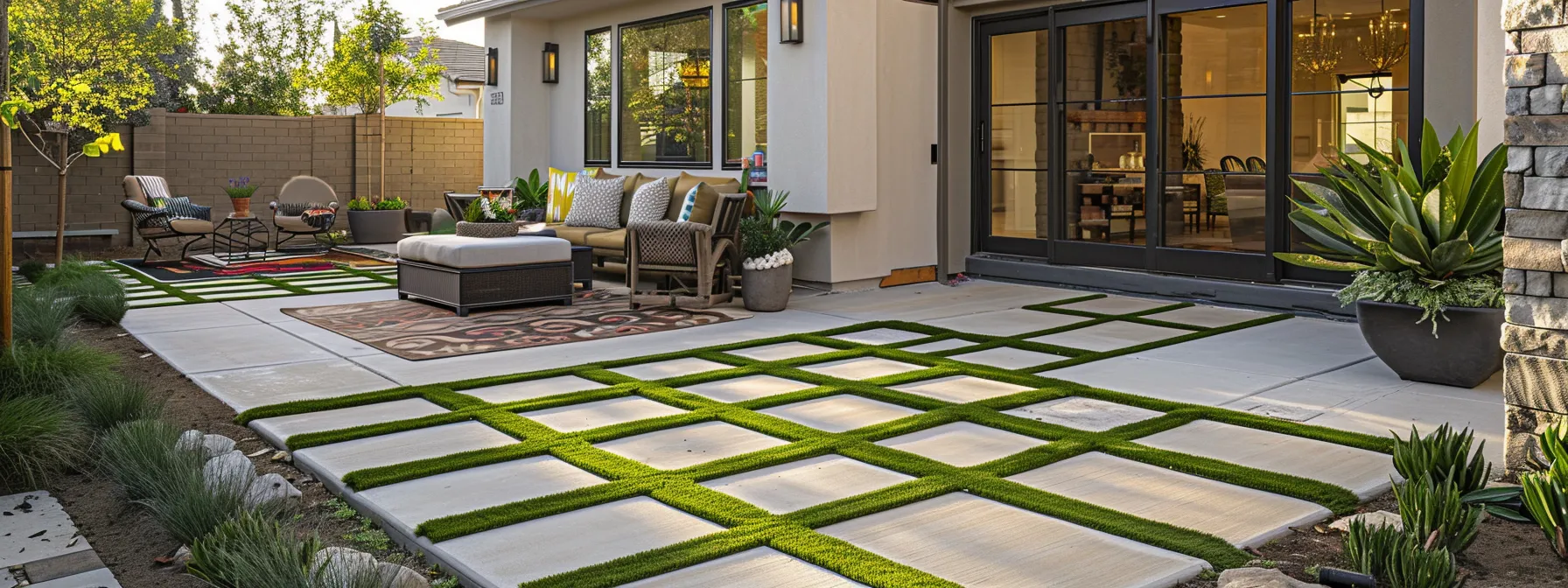 a beautifully designed patio with elegant pavers and lush green artificial turf creates a stylish and functional outdoor space.