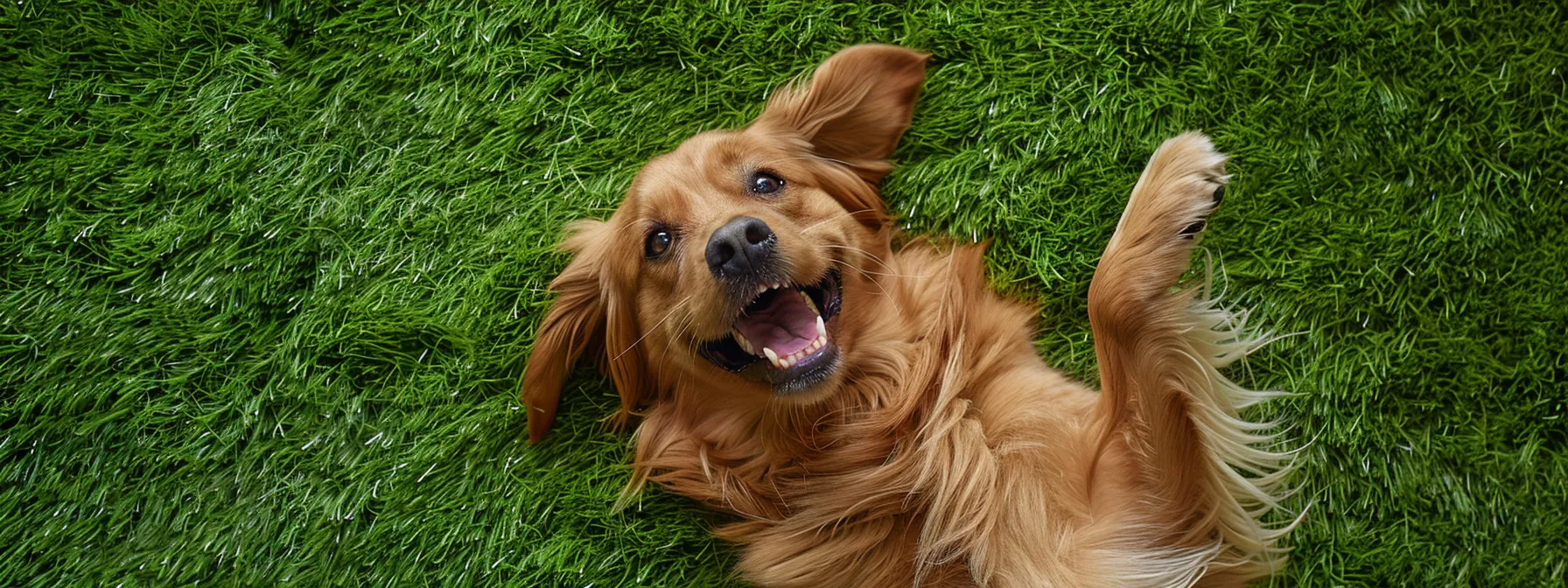 a happy dog playing on lush, pet-friendly synthetic grass, surrounded by vibrant greenery, showcasing a safe and enjoyable environment for pets.