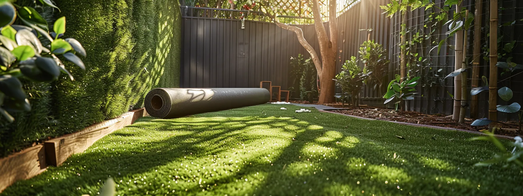 a lush, seamless synthetic grass lawn being rolled out and secured in a meticulously measured garden space, with a precision cut along the fence line and a finish of infill material for stability and aesthetic appeal.