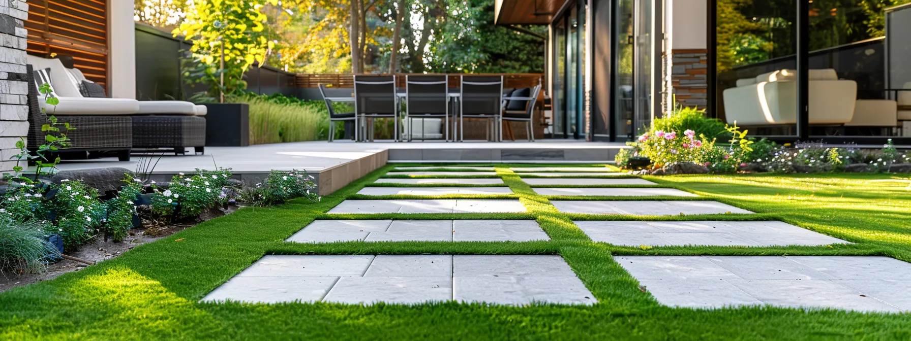 a sleek, modern patio featuring vibrant artificial turf and stylish pavers, enhancing the outdoor space and increasing home value.