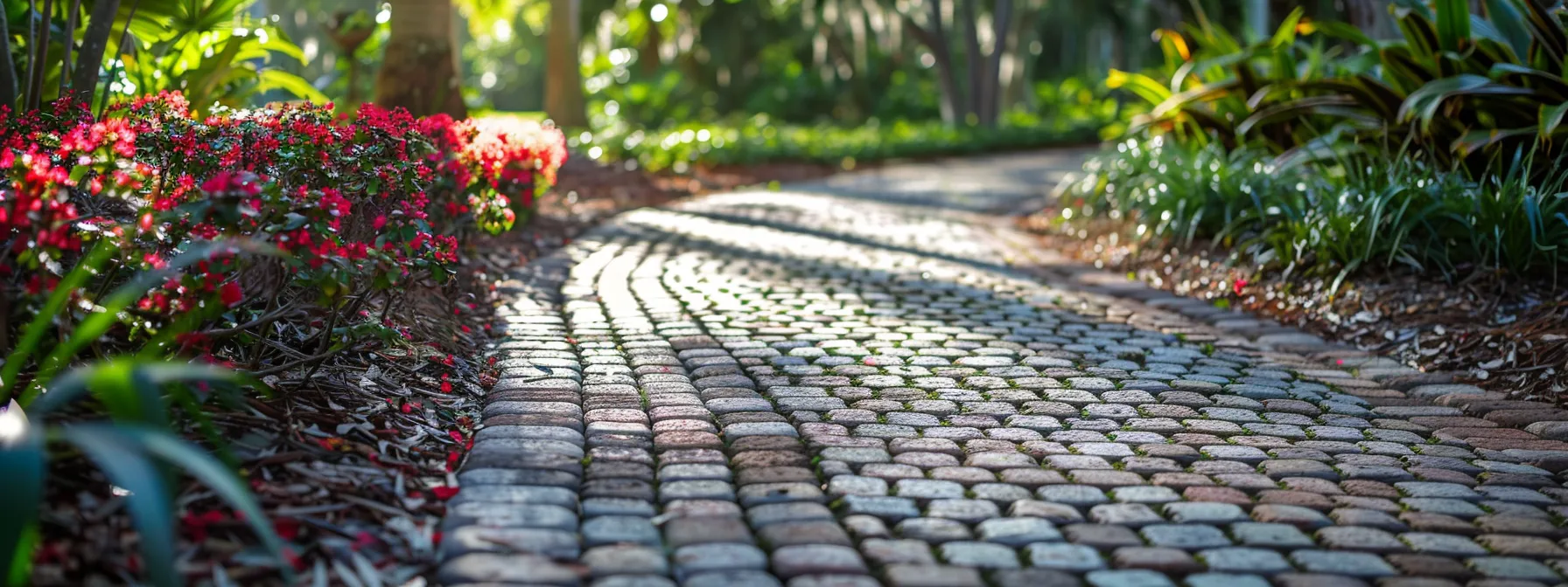 a beautiful cobblestone pathway lined with vibrant flowers and surrounded by lush greenery, showcasing the durability and aesthetic appeal of brick pavers for a yard.