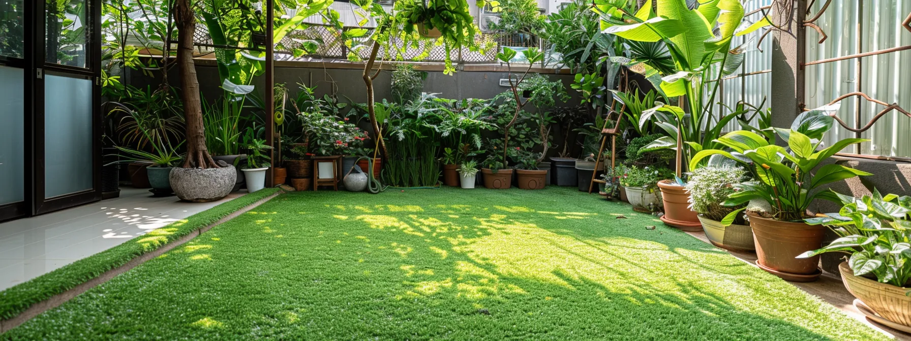 a vibrant, lush green artificial turf patio surrounded by potted plants, creating a low-maintenance oasis.