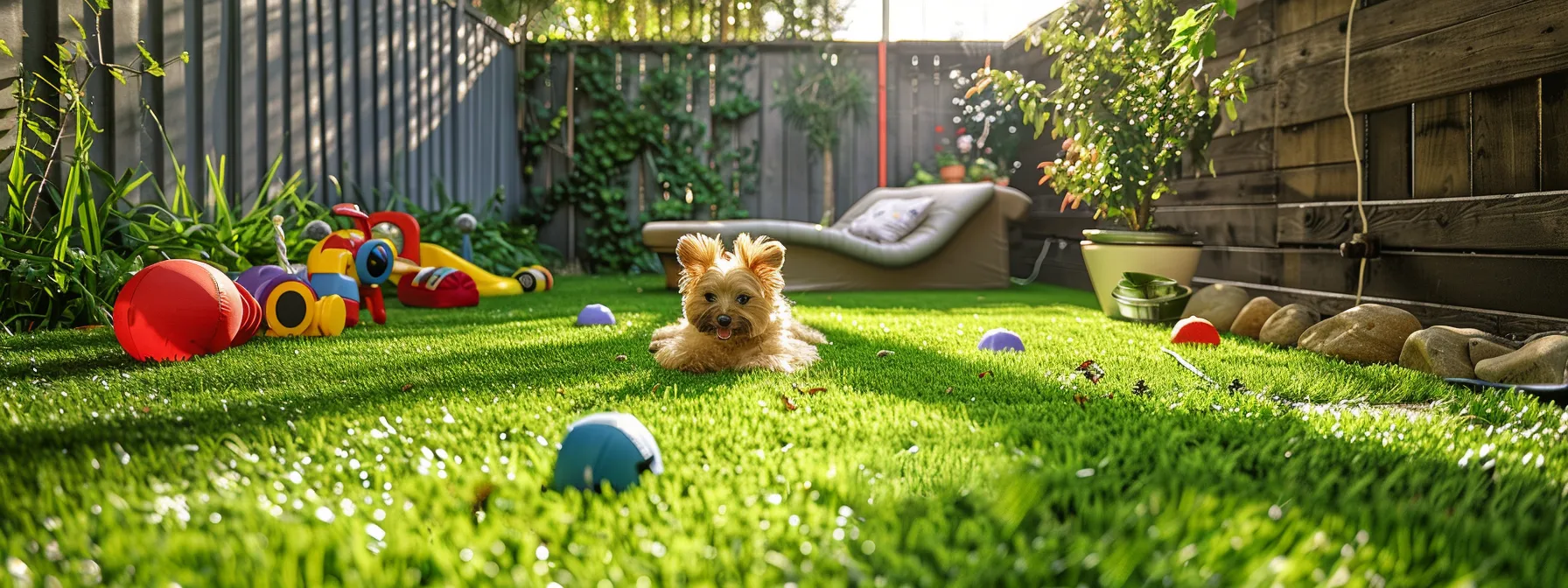 a sunny backyard with pristine synthetic grass, a happy dog playing in the green, surrounded by toys and all kept clean and fresh.