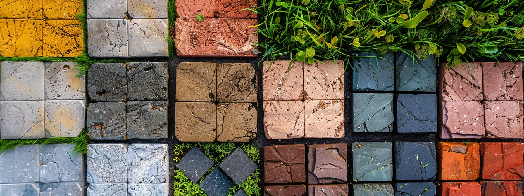 a vibrant array of colorful brick pavers, porcelain tiles, and artificial grass samples neatly arranged for outdoor landscaping.