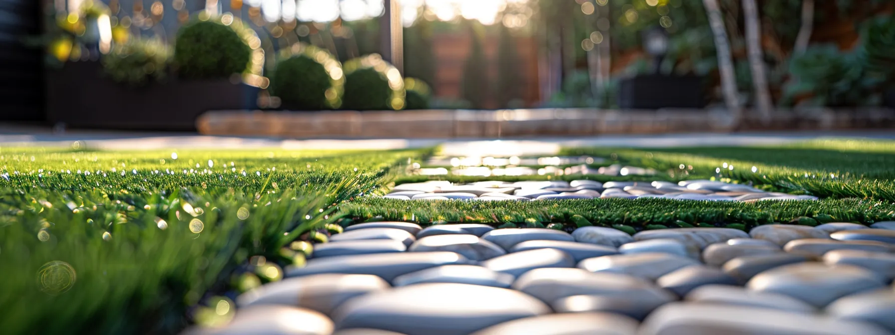 a patio featuring a stunning mosaic of artificial turf and pavers, seamlessly blending durability and beauty.