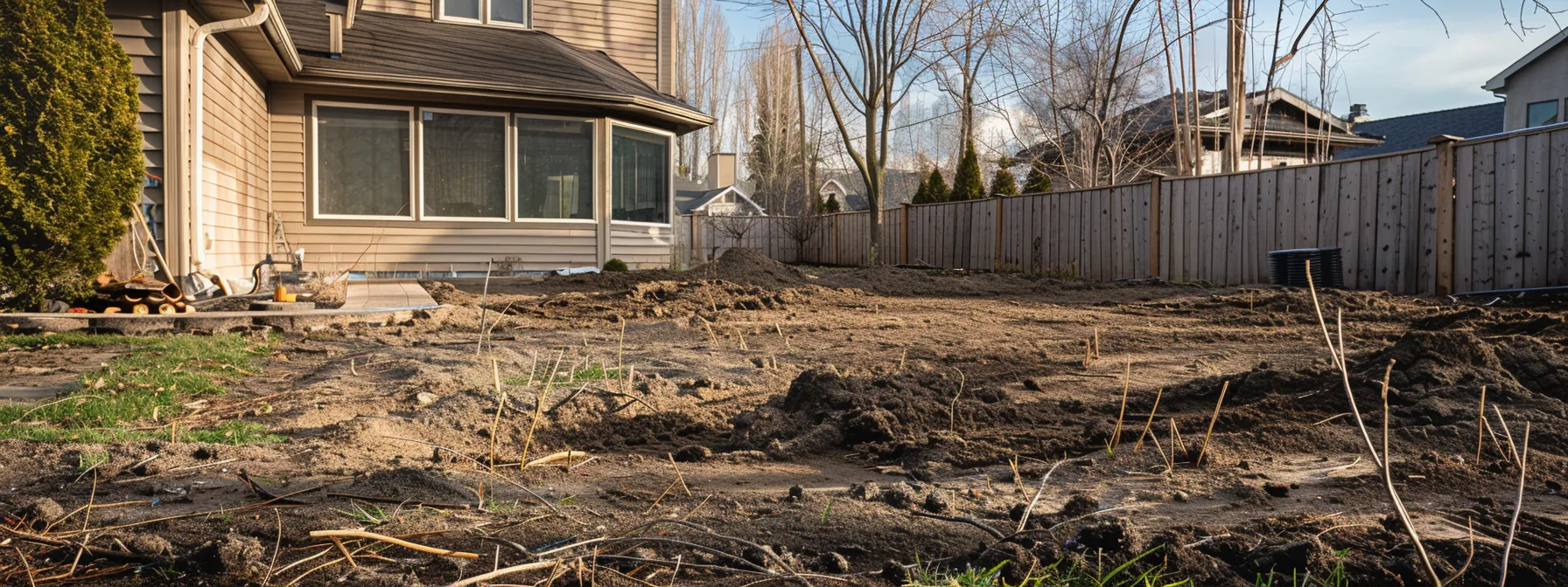 a yard cleared of grass and debris, with leveled soil ready for synthetic grass installation.