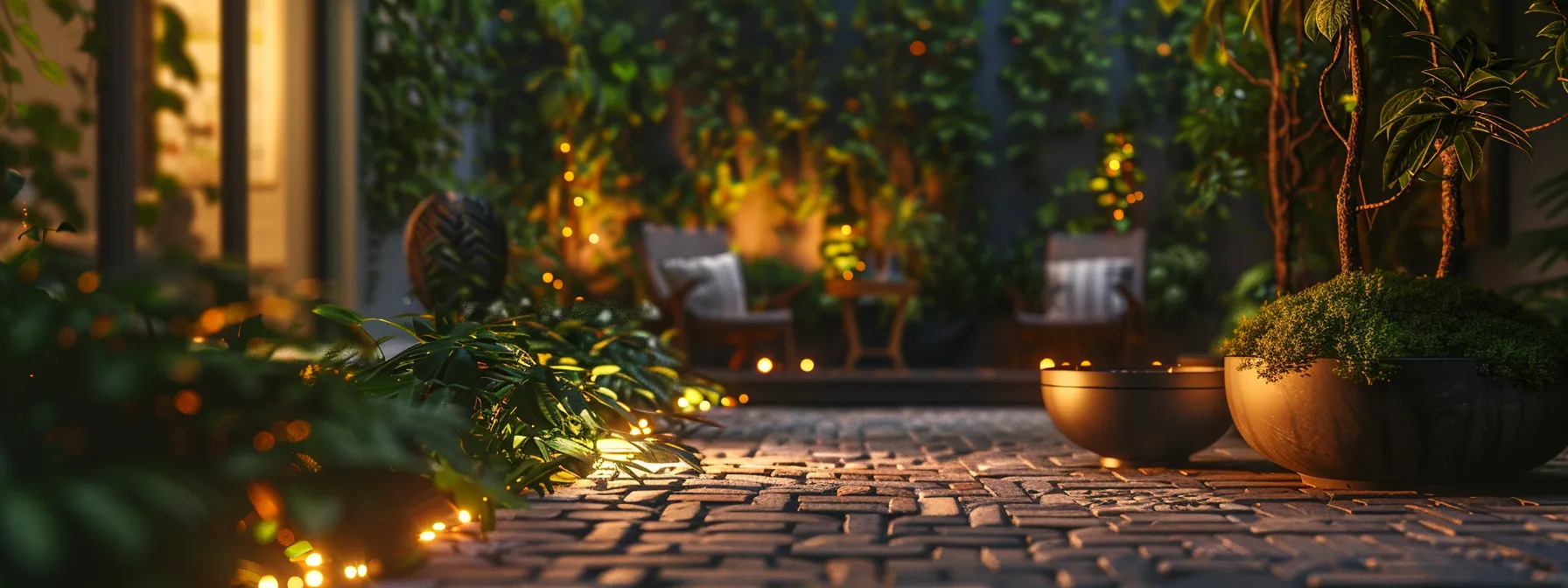 an elegantly lit brick paver patio adorned with lush greenery, creating a harmonious outdoor oasis.