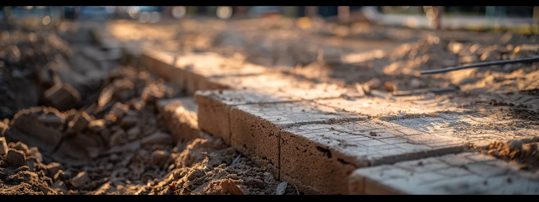 a smooth, level foundation of freshly excavated ground with stacked brick pavers ready for installation.