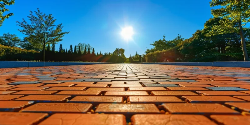 vibrant brick pavers creating a stunning pattern on a driveway under a clear blue sky.