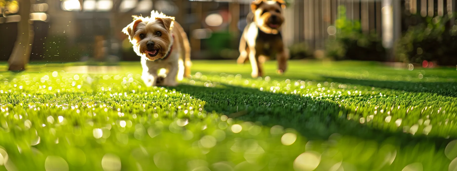 a vibrant, lush green lawn of synthetic grass with playful dogs running freely and happily.