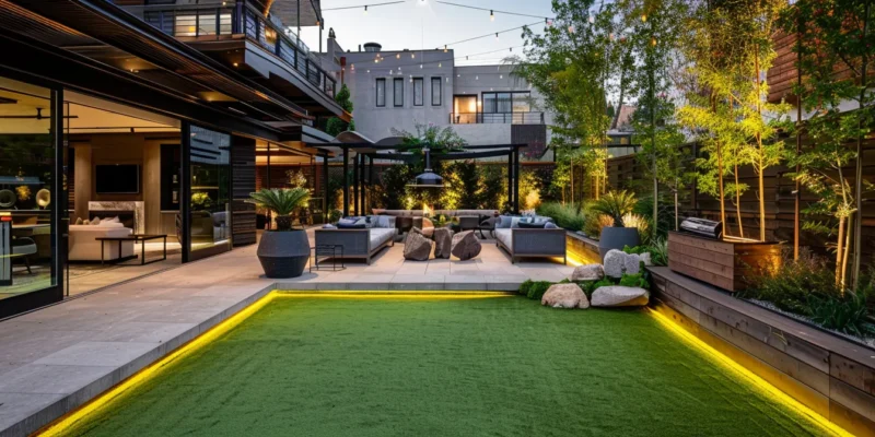 a lush green artificial turf patio surrounded by sleek, modern pavers, creating a stylish and low-maintenance outdoor space.