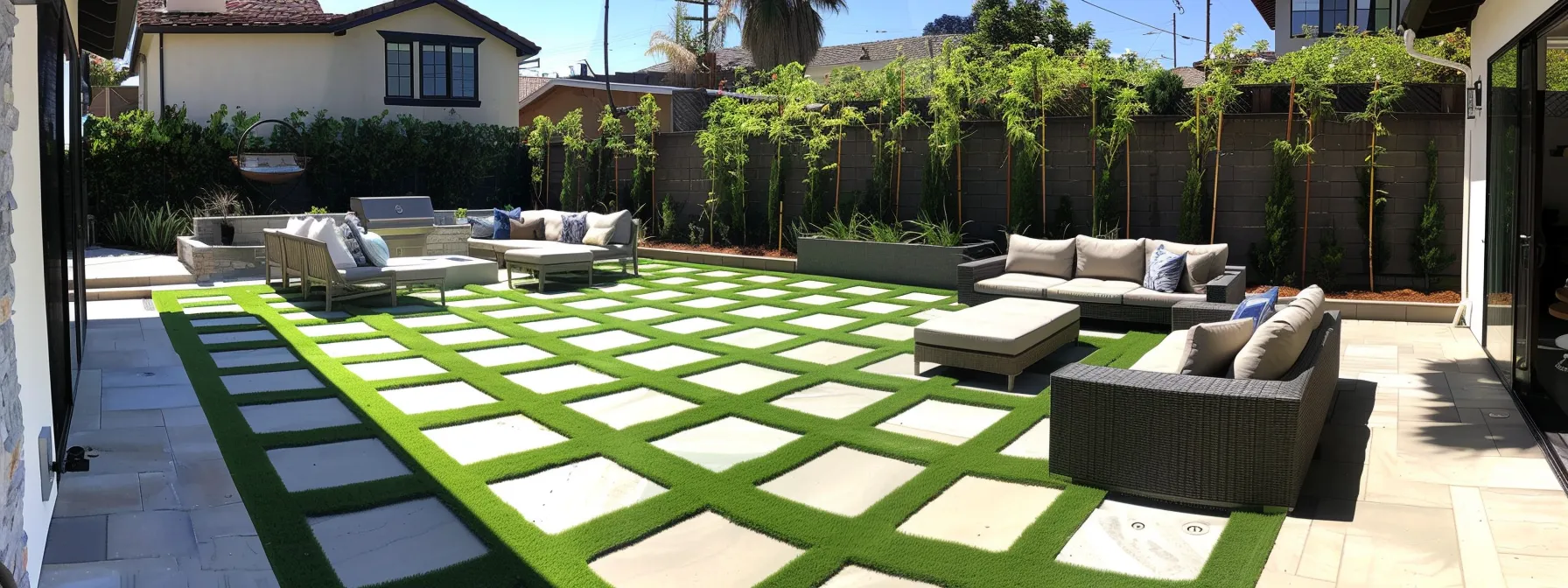 transform your patio into a vibrant, safe haven with lush artificial turf and sturdy pavers perfect for outdoor gatherings and playful activities.