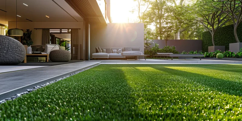 a modern, sleek living room featuring luxurious grey artificial turf flooring, seamlessly blending indoor and outdoor spaces.