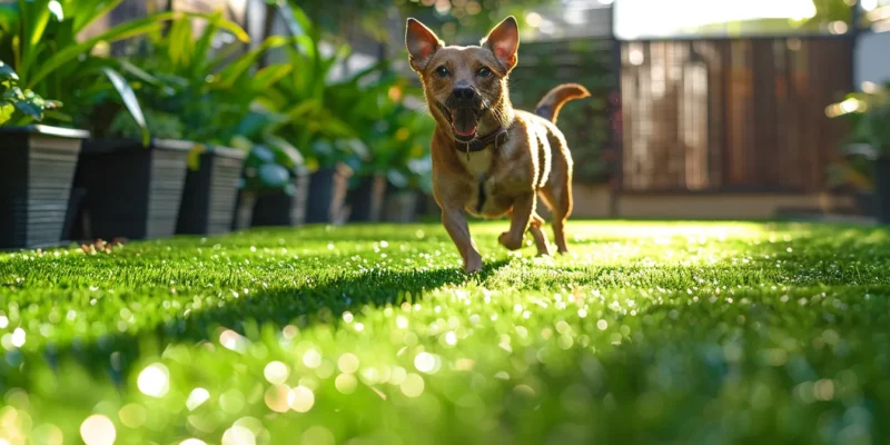 a happy dog playing on lush, vibrant synthetic grass in a backyard setting.