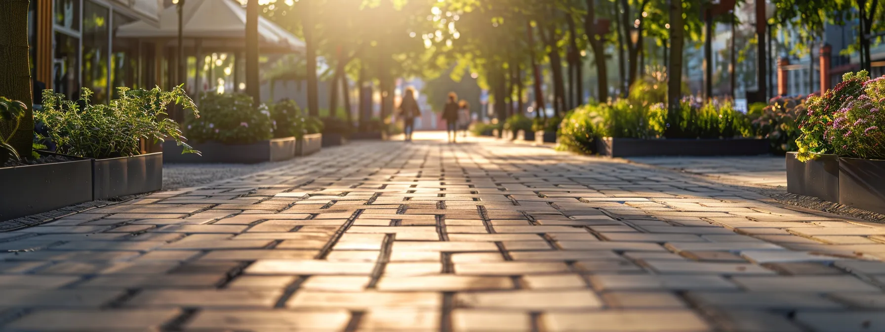 a vibrant outdoor space with well-maintained brick pavers glimmering under the sunlight.