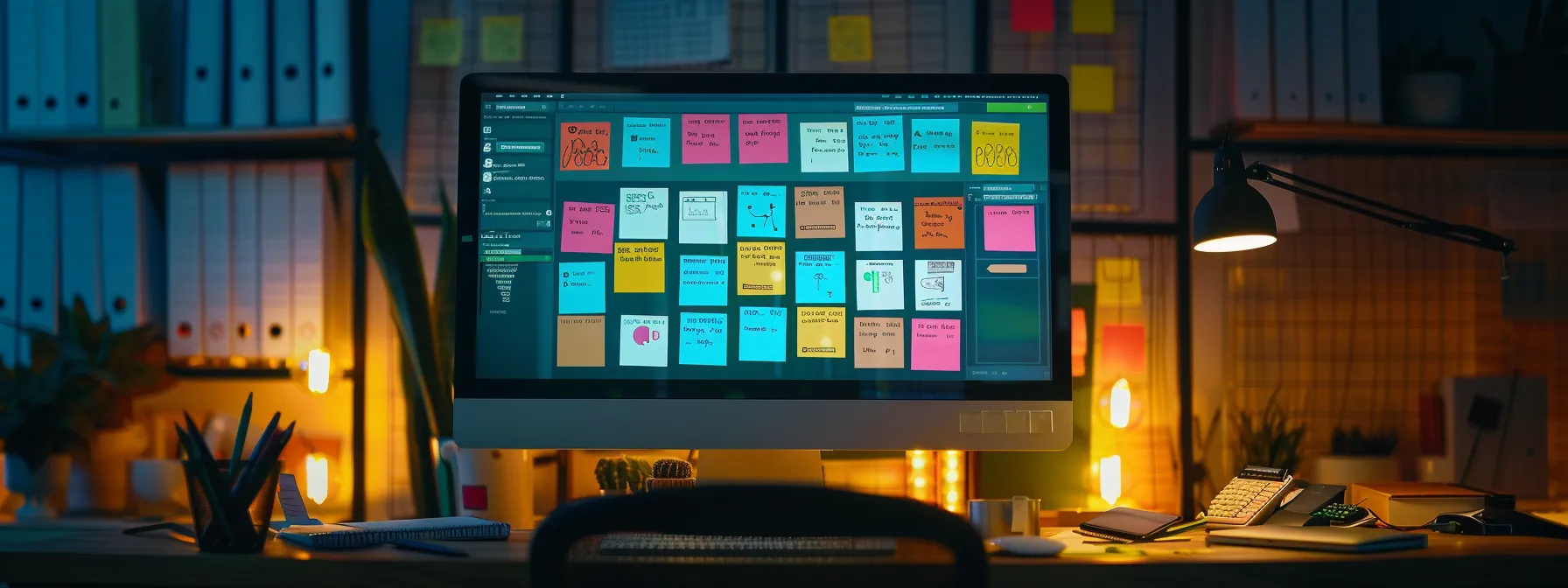 a computer screen displaying a comprehensive seo audit report, surrounded by colorful sticky notes with strategic keywords and action items written on them.