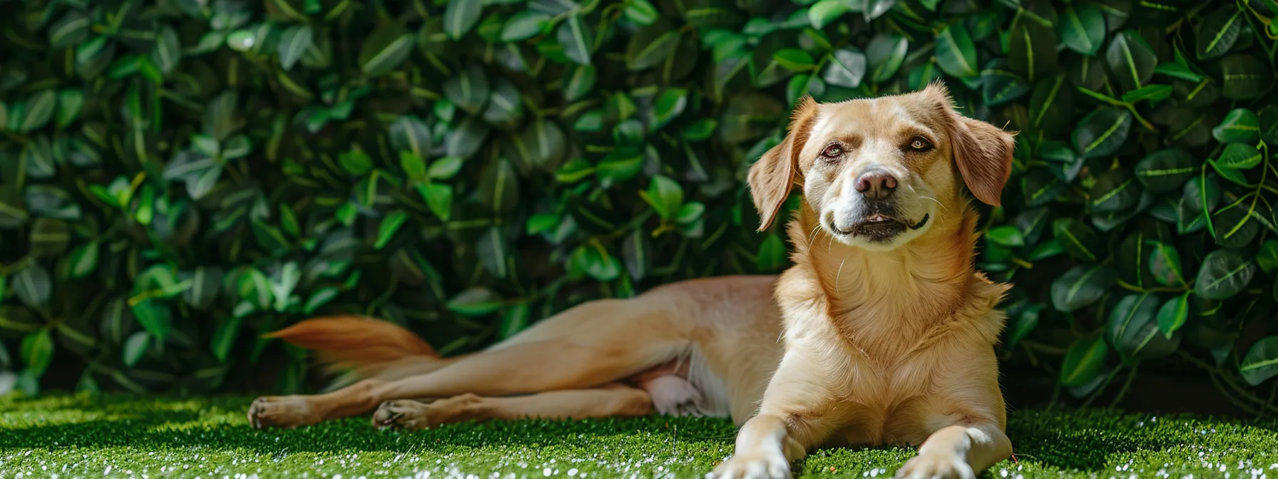 a happy dog playing on lush, pet-friendly artificial grass under the shade of faux ivy walls.