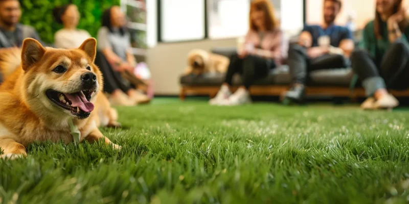 a joyful dog playing on lush, vibrant artificial grass, surrounded by smiling pet owners and veterinarians in the background.
