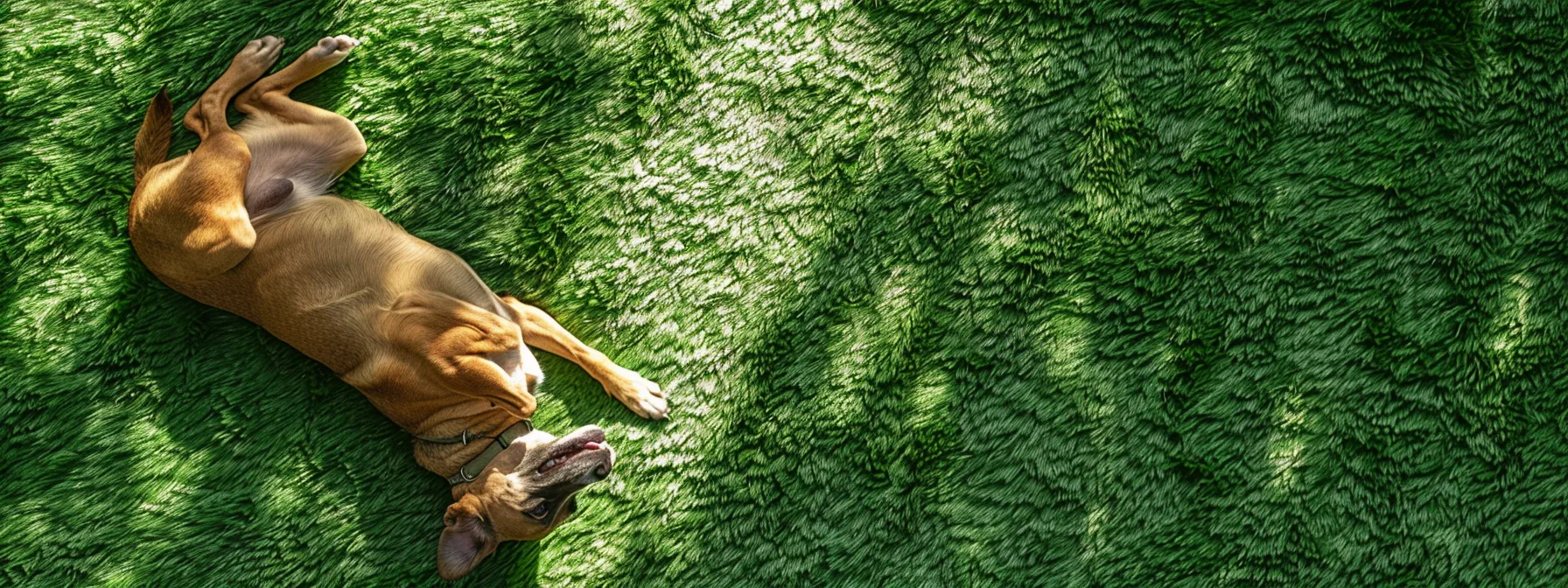 a joyful dog playing on lush, green synthetic turf under the warm sun, carefree and content in its lead-free zone.