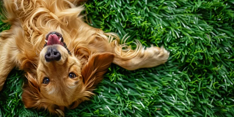 a joyful golden retriever playing and rolling around on a lush, vibrant artificial grass lawn.