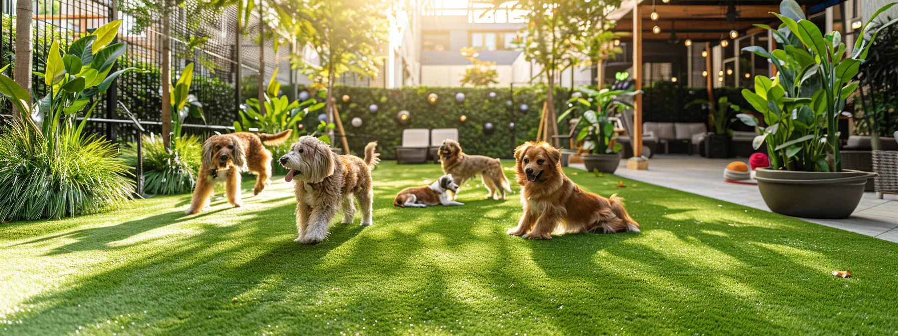 a lush and vibrant artificial turf lawn, untouched by brown spots or digging holes, providing a clean and durable outdoor space for joyful dogs.
