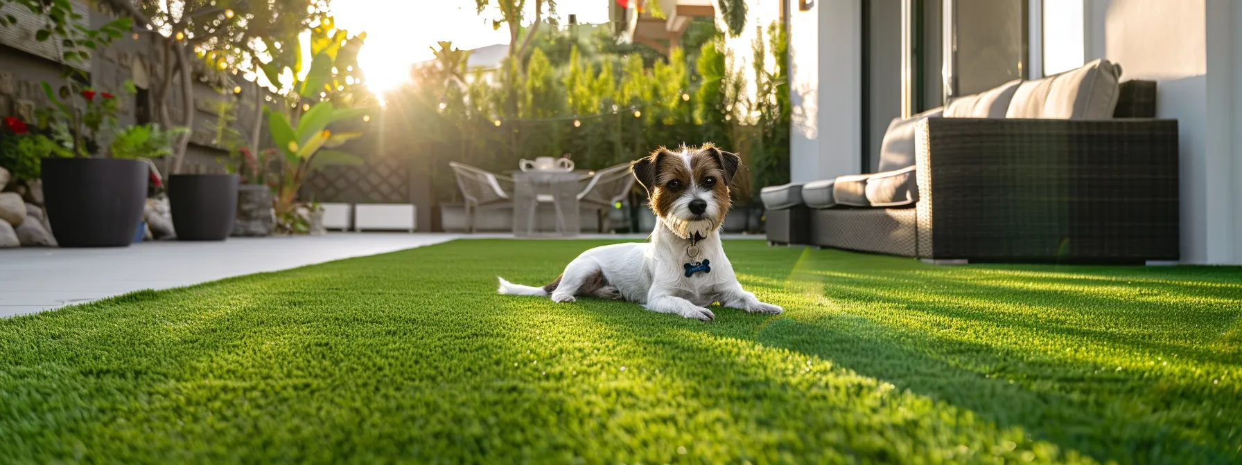 a lush, vibrant backyard with artificial grass, inviting a happy dog to play in a safe, allergen-free environment.