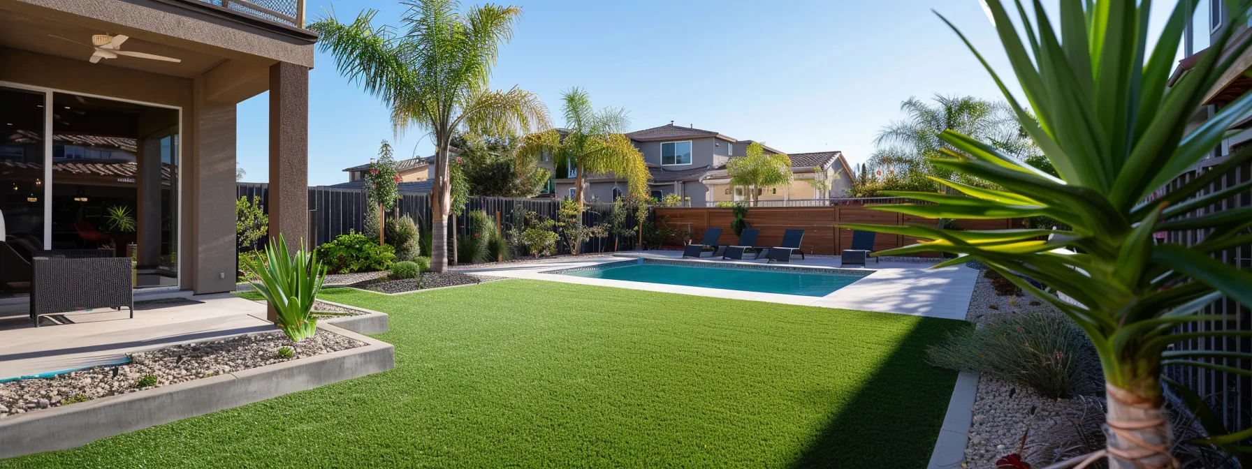 a lush, vibrant synthetic grass lawn, free from the need for constant maintenance or watering, showcasing the cost-saving and environmental benefits of this landscaping alternative.