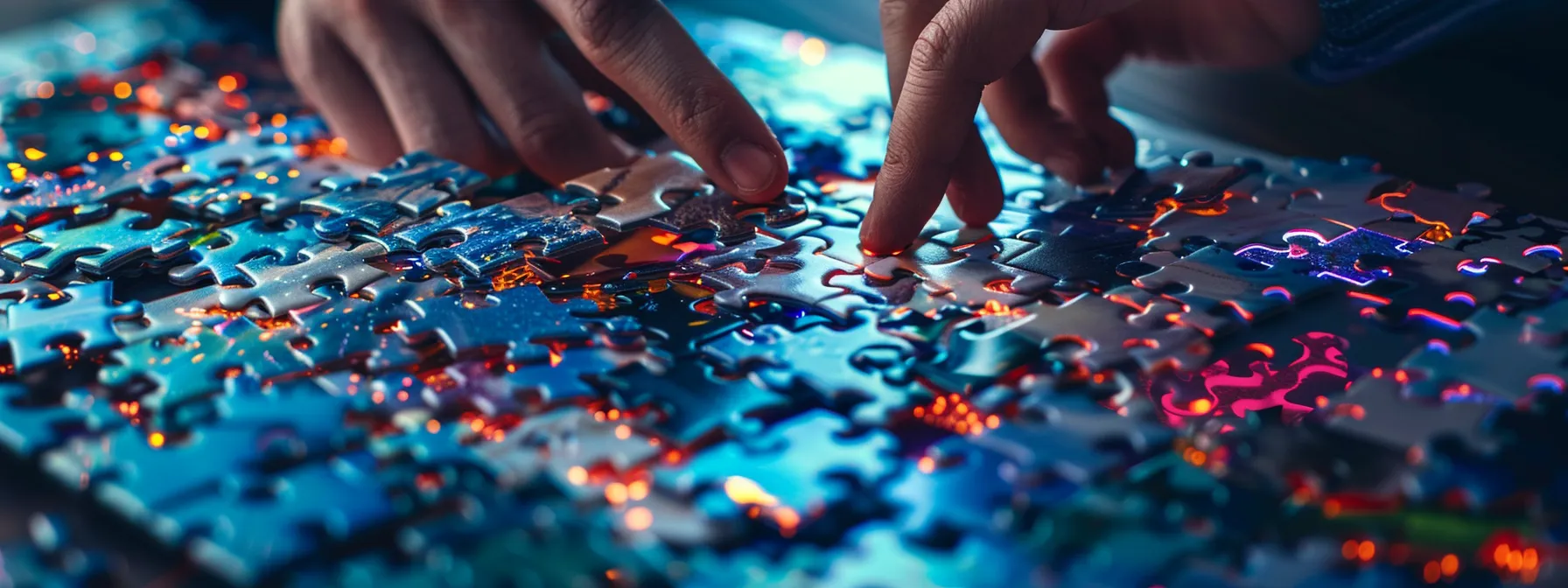 a person carefully selecting and arranging puzzle pieces to reveal a clear and comprehensive seo strategy on a table surrounded by digital devices.