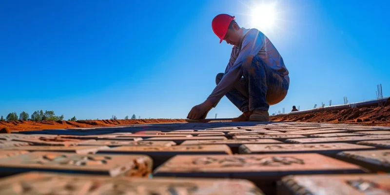 a skilled worker laying down a perfectly aligned brick pathway under a clear blue sky.
