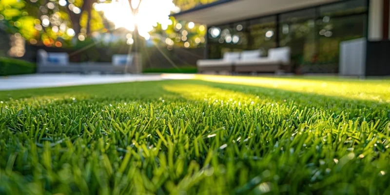 vibrant green synthetic grass covering a sleek, modern backyard.