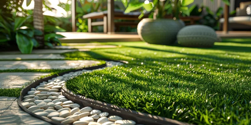 Generate a hyper-realistic photo of a patio in Florida with the highest quality artificial grass.