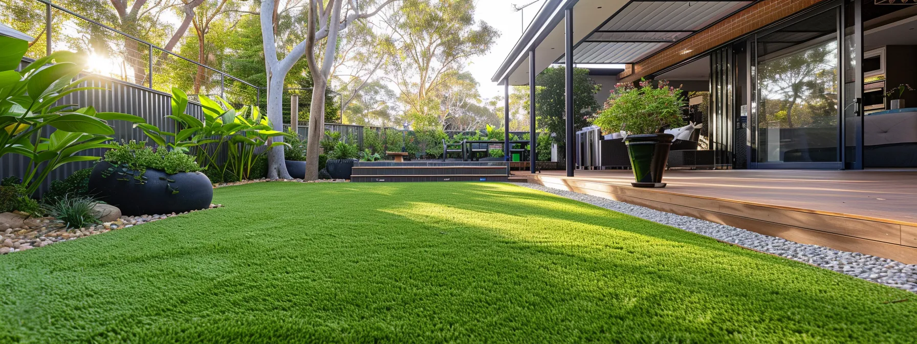 a lush, vibrant synthetic grass lawn blending seamlessly with natural surroundings, addressing concerns about safety and aesthetics.