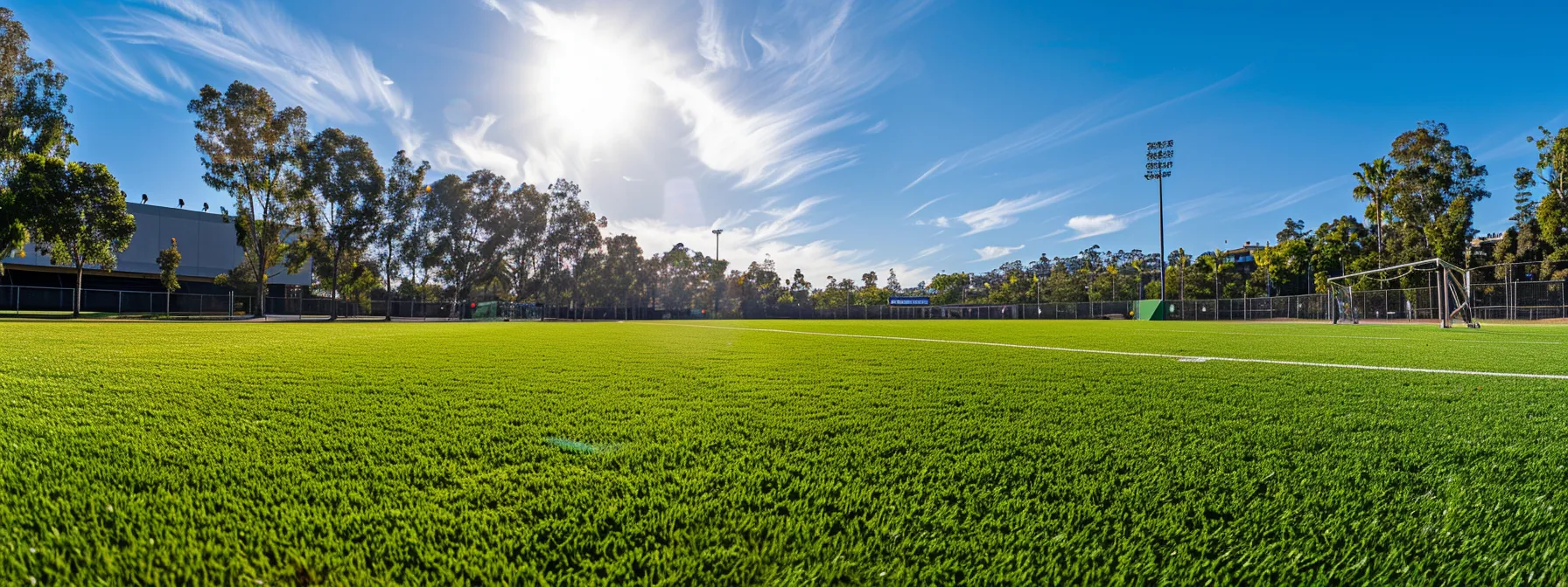 a vibrant synthetic grass field under the bright sun, neatly groomed and free of debris, showcasing long-lasting beauty.