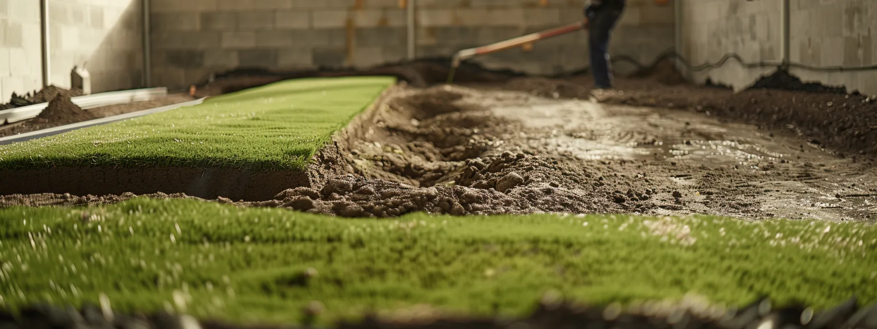 creating an immaculate foundation, a landscaper carefully lays down synthetic grass on a perfectly leveled ground.