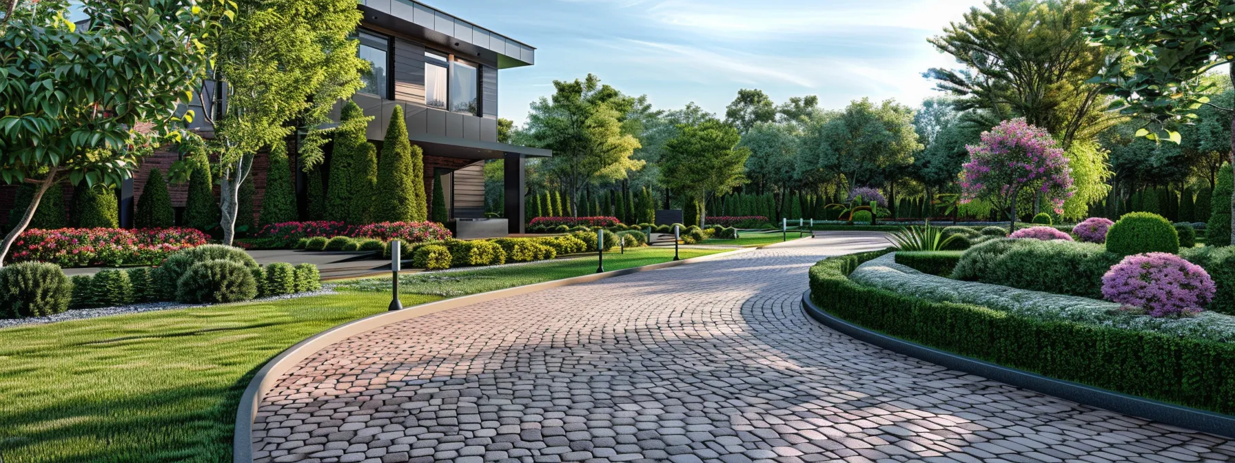 Create a realistic image of a driveway lined with elegantly arranged brick pavers leading up to a modern suburban home. The driveway should be wide and curving slightly, showcasing a herringbone or basket weave pattern of red and charcoal pavers. The surrounding landscape includes manicured green lawns, a variety of flowering bushes, and small ornamental trees. The house in the background is a contemporary style with large windows and neutral-colored siding. The scene is set during the day with clear skies and bright sunlight enhancing the rich colors of the pavers and the lush greenery.