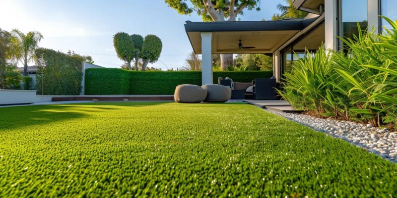 a lush, vibrant expanse of artificial grass glistens under bright sunlight, showcasing its year-round freshness and inviting allure.
