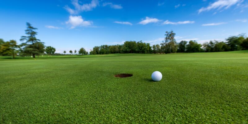 Golf ball on grass near hole