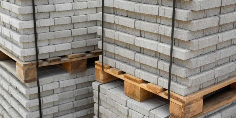Stack of contemporary stone Paving slabs pavers. Building material on pallet for road paving.