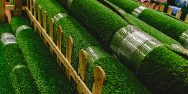 Valencia, Spain - January 3, 2019: Rolls of fake plastic grass to reform gardens.